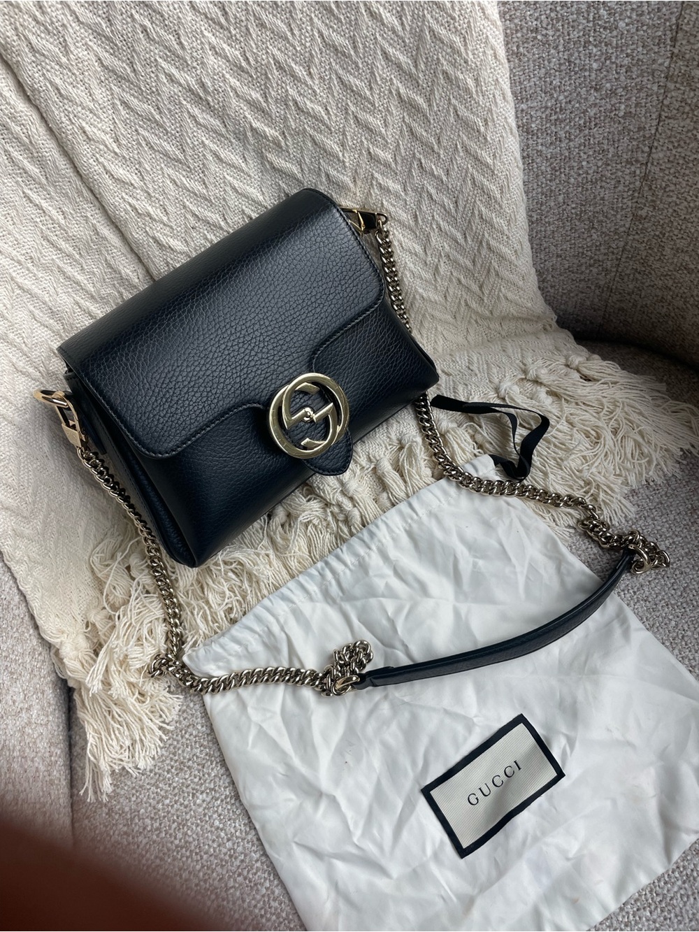 Gucci Black Pebbled Leather Crossbody Bag with Gold Interlocking GG